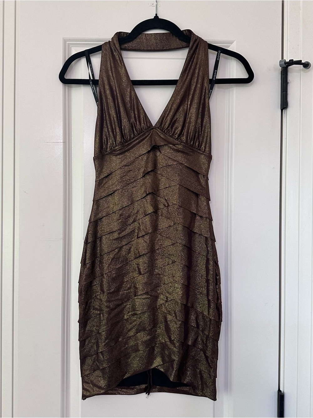 bebe Metallic Bronze Halter V-Neck Mini Dress